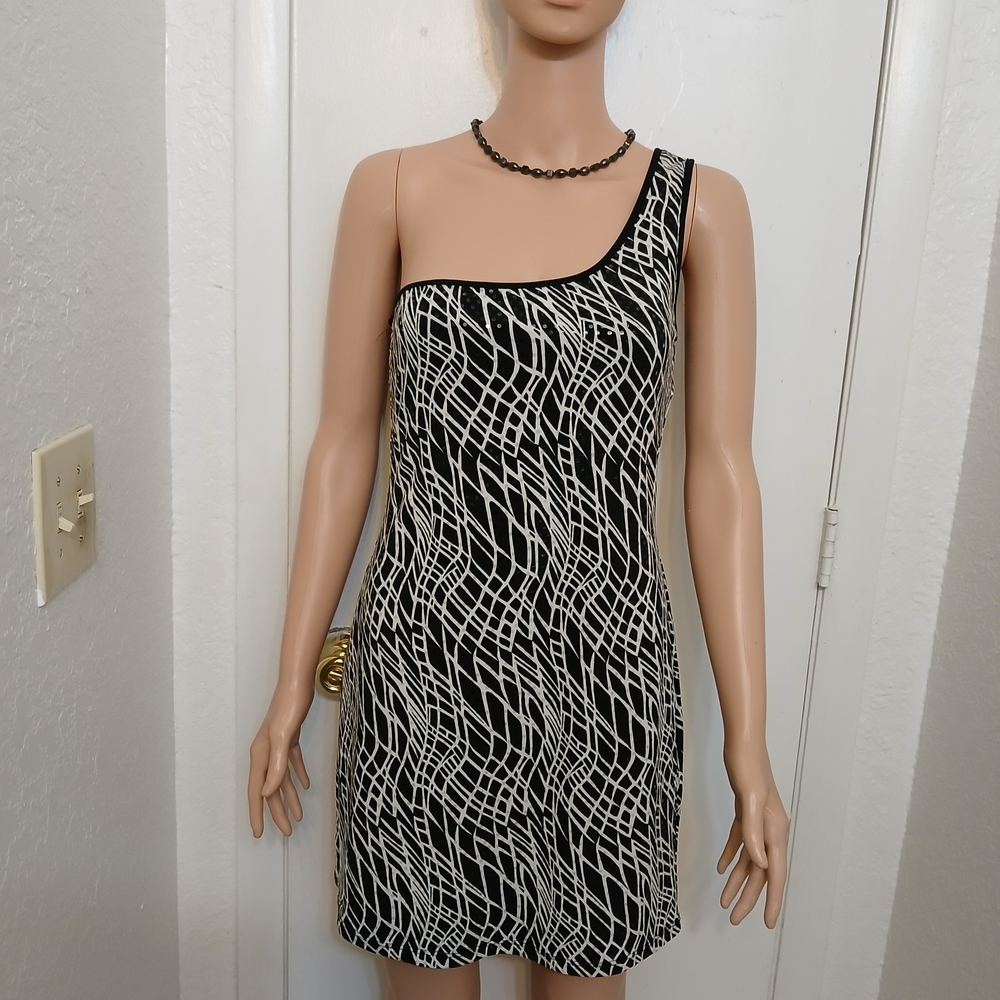Sequin Hearts Black and White One-Shoulder Dress